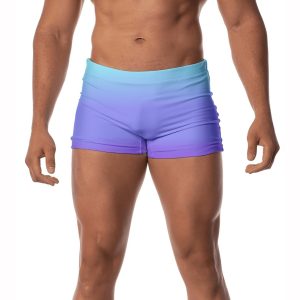 Sunga Masculina Boxer Uv50+ Forrada Com Cordão Ajustável Estampada Moda Praia Piscina Natação Surf Degradê Azul e Branco