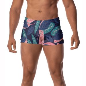 Sunga Masculina Boxer Uv50+ Forrada Com Cordão Ajustável Estampada Moda Praia Piscina Natação Surf Flowers Azul