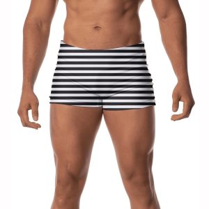 Sunga Masculina Boxer Uv50+ Forrada Com Cordão Ajustável Estampada Moda Praia Piscina Natação Surf Linhas Preto e Branco