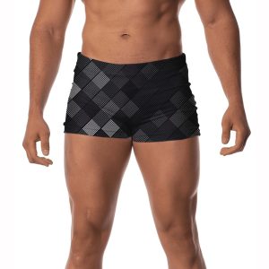 Sunga Masculina Boxer Uv50+ Forrada Com Cordão Ajustável Estampada Moda Praia Piscina Natação Surf Losango Preto e Branco