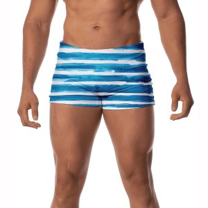 Sunga Masculina Boxer Uv50+ Forrada Com Cordão Ajustável Estampada Moda Praia Piscina Natação Surf Patners Azul e Branca