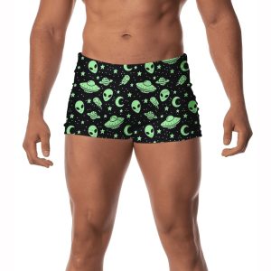 Sunga Masculina Boxer Uv50+ Forrada Com Cordão Ajustável Estampada Moda Praia Piscina Natação Surf Space Preta e Verde