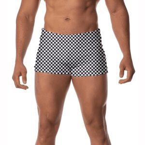 Sunga Masculina Boxer Uv50+ Forrada Com Cordão Ajustável Estampada Moda Praia Piscina Natação Surf Xadrez Preto e Branco