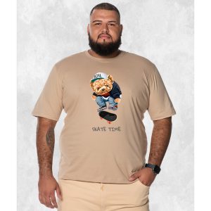 Camiseta Plus Size Extra Grande Estampada Nexstar Confortável Algodão Urso Skate Run - Bege