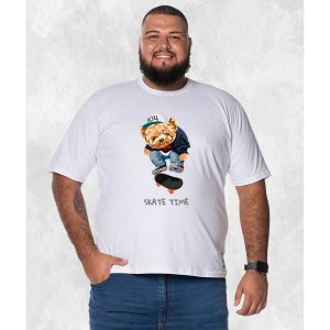 Camiseta Plus Size Extra Grande Estampada Nexstar Confortável Algodão Urso Skate Run - Branco