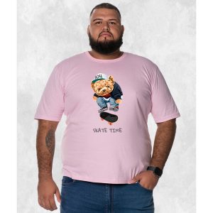 Camiseta Plus Size Extra Grande Estampada Nexstar Confortável Algodão Urso Skate Run - Rosa
