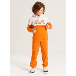 Infantil - Conjunto Inverno Menino Laranja Blusão com Capuz e Calça em Moletom Skater