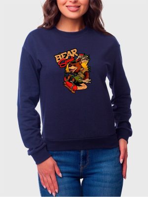 Moletom Gola Redonda Feminino Flanelado Estampa Urso De Skate Azul Marinho