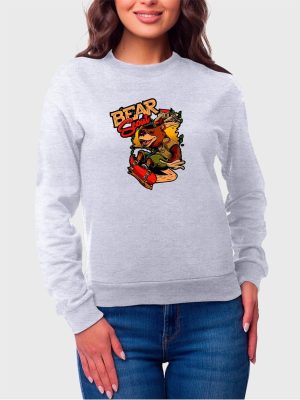 Moletom Gola Redonda Feminino Flanelado Estampa Urso De Skate Cinza