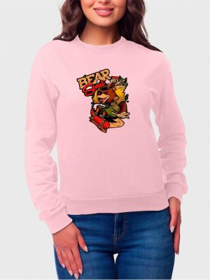 Moletom Gola Redonda Feminino Flanelado Estampa Urso De Skate Rosa