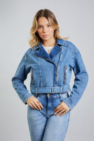 Jaqueta Jeans Biker Feminina com Cinto Lemier Collection Azul
