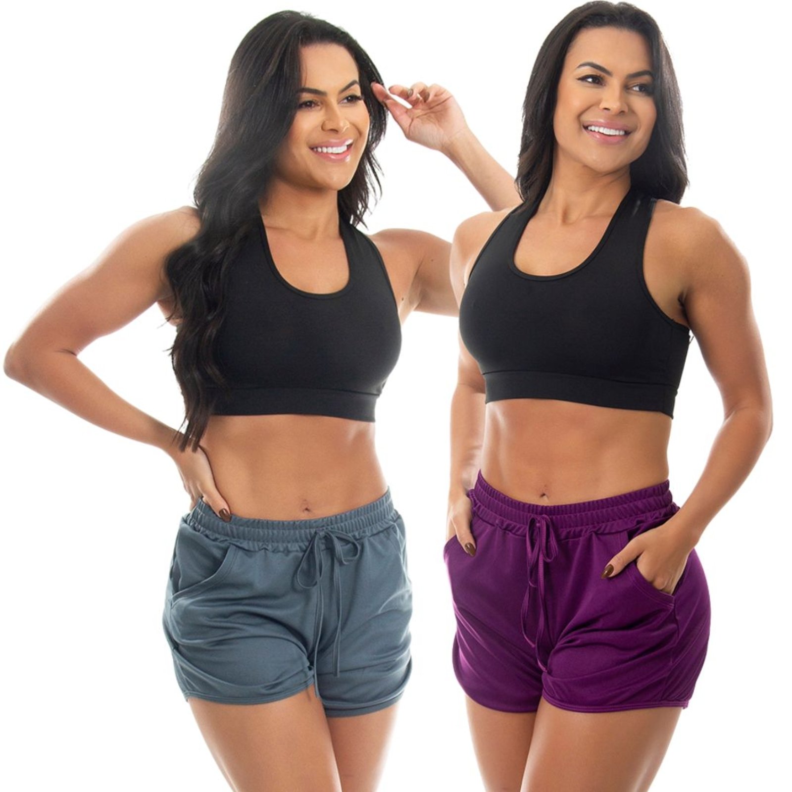 Kit 2 Short Esportivo Corrida Treino Academia Bolso Feminino Multicolorido