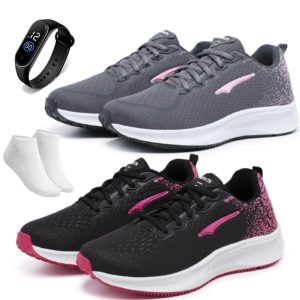 Kit 2 Tênis Femininos Ortopédicos Confortável Básico Casual Esportivo Para Academia Corrida Preto Grafite + Relógio e Meia