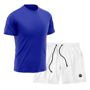 Kit Short + Camiseta Dry Treino Fitness Academia Bermuda Camisa Praia Esporte Azul/Branco