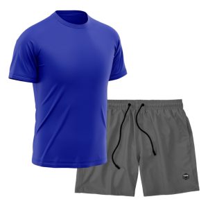 Kit Short + Camiseta Dry Treino Fitness Academia Bermuda Camisa Praia Esporte Azul/Cinza