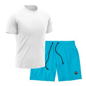 Kit Short + Camiseta Dry Treino Fitness Academia Bermuda Camisa Praia Esporte Branco/Azul