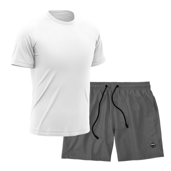 Kit Short + Camiseta Dry Treino Fitness Academia Bermuda Camisa Praia Esporte Branco/Cinza