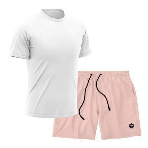 Kit Short + Camiseta Dry Treino Fitness Academia Bermuda Camisa Praia Esporte Branco/Rosa