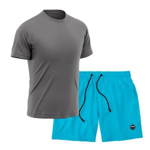 Kit Short + Camiseta Dry Treino Fitness Academia Bermuda Camisa Praia Esporte Cinza/Azul
