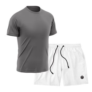 Kit Short + Camiseta Dry Treino Fitness Academia Bermuda Camisa Praia Esporte Cinza/Branco