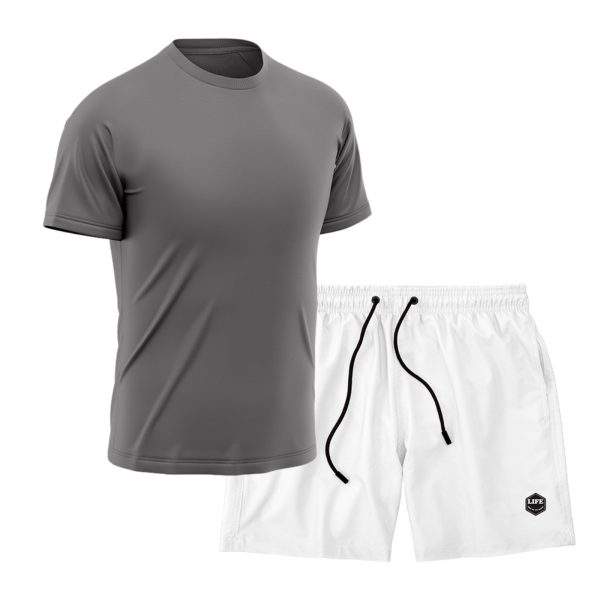 Kit Short + Camiseta Dry Treino Fitness Academia Bermuda Camisa Praia Esporte Cinza/Branco
