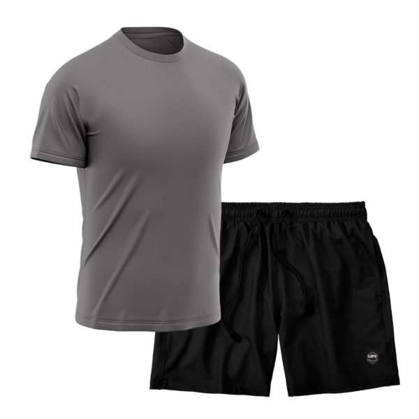 Kit Short + Camiseta Dry Treino Fitness Academia Bermuda Camisa Praia Esporte Cinza/Preto