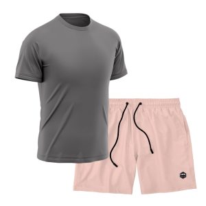 Kit Short + Camiseta Dry Treino Fitness Academia Bermuda Camisa Praia Esporte Cinza/Rosa
