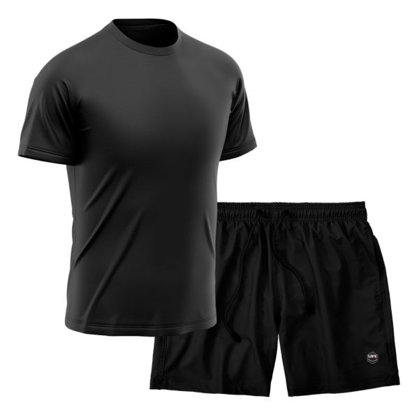 Kit Short + Camiseta Dry Treino Fitness Academia Bermuda Camisa Praia Esporte Preto