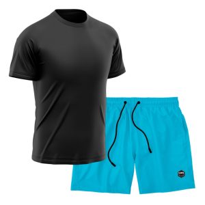 Kit Short + Camiseta Dry Treino Fitness Academia Bermuda Camisa Praia Esporte Preto/Azul