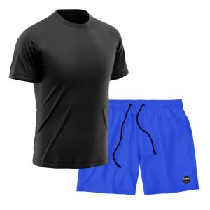 Kit Short + Camiseta Dry Treino Fitness Academia Bermuda Camisa Praia Esporte Preto/Azul Royal