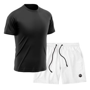 Kit Short + Camiseta Dry Treino Fitness Academia Bermuda Camisa Praia Esporte Preto/Branco