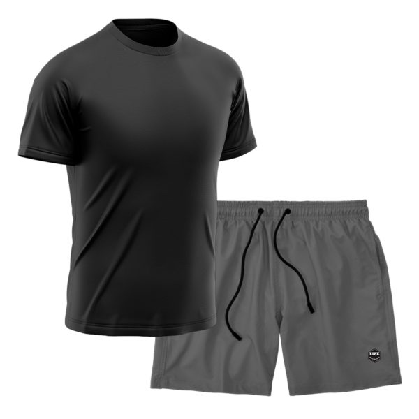 Kit Short + Camiseta Dry Treino Fitness Academia Bermuda Camisa Praia Esporte Preto/Cinza