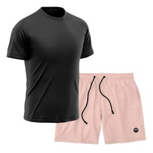 Kit Short + Camiseta Dry Treino Fitness Academia Bermuda Camisa Praia Esporte Preto/Rosa