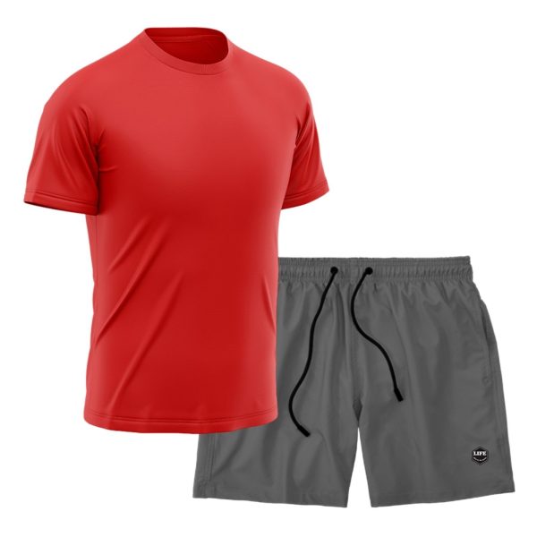 Kit Short + Camiseta Dry Treino Fitness Academia Bermuda Camisa Praia Esporte Vermelho/Cinza