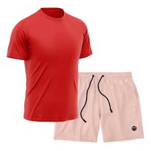 Kit Short + Camiseta Dry Treino Fitness Academia Bermuda Camisa Praia Esporte Vermelho/Rosa