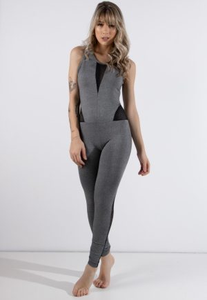 Macacão 4 Estações Tela Fitness Com Decote Esporte Academia Treino Longo Cinza