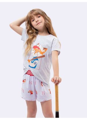 Pijama Manga Curta Infantil Baseball League Cinza