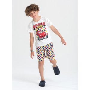 Pijama Verão Menino Natural Camiseta e Bermuda Carro de Corrida