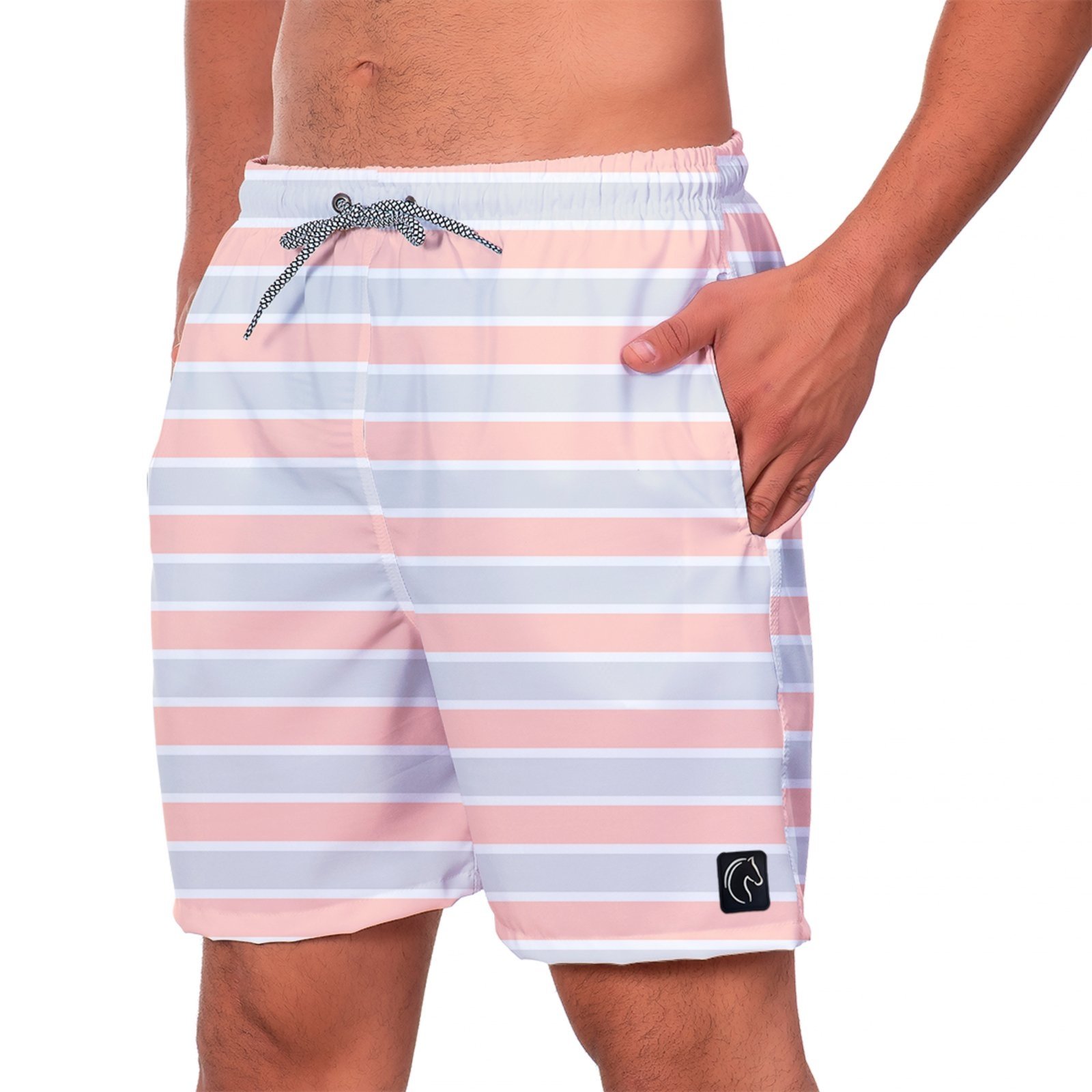 Short Praia Premium Masculino Academia Fitness Caminhada Estampado Corrida Esporte Moda Conforto Estilo Listrado Branco Azul e Rosa W2