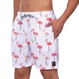 Short Praia Premium Masculino Academia Fitness Caminhada Flamingos Branco Estampado Conforto Estilo Moda Treino Esporte W2
