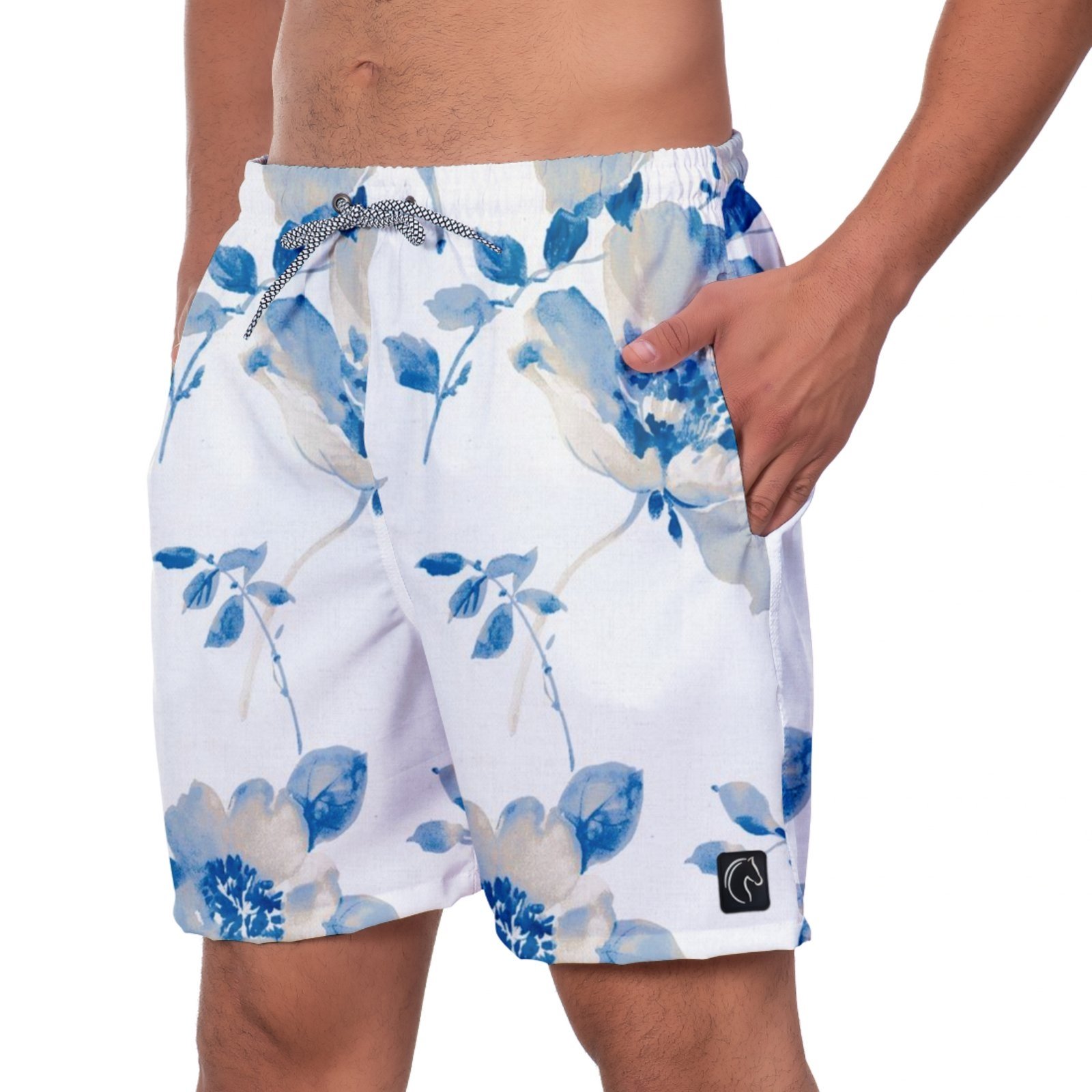 Short Praia Premium Masculino Academia Fitness Caminhada Flores Azuis Branco Moda Estilo Esporte Corrida Conforto W2