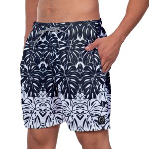 Short Praia Premium Masculino Academia Fitness Caminhada Folhas Preto e Branco Estampado Conforto Esporte Moda Treino W2