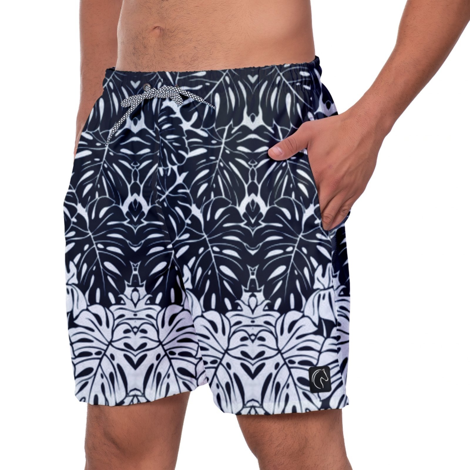 Short Praia Premium Masculino Academia Fitness Caminhada Folhas Preto e Branco Estampado Conforto Esporte Moda Treino W2