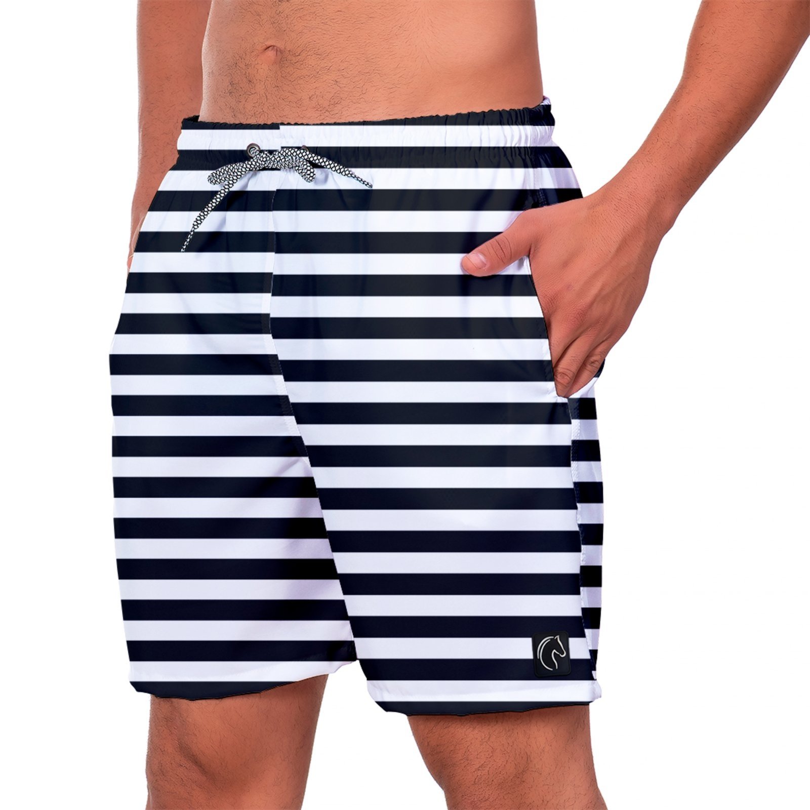 Short Praia Premium Masculino Academia Fitness Caminhada Linhas Pretas Branco Moda Estilo Esporte Corrida Conforto W2
