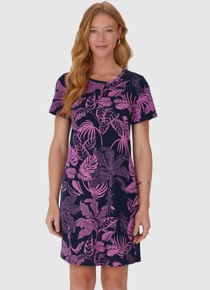 Vestido Reto com Estampa Corrida em Algodão Azul