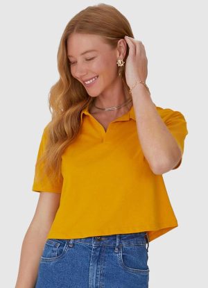 Blusa Cropped Gola Esporte em Algodão Amarela