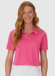 Blusa Cropped com Gola Esporte em Algodão Rosa