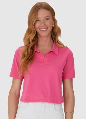 Blusa Cropped com Gola Esporte em Algodão Rosa