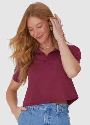 Blusa Cropped com Gola Esporte em Algodão Roxo