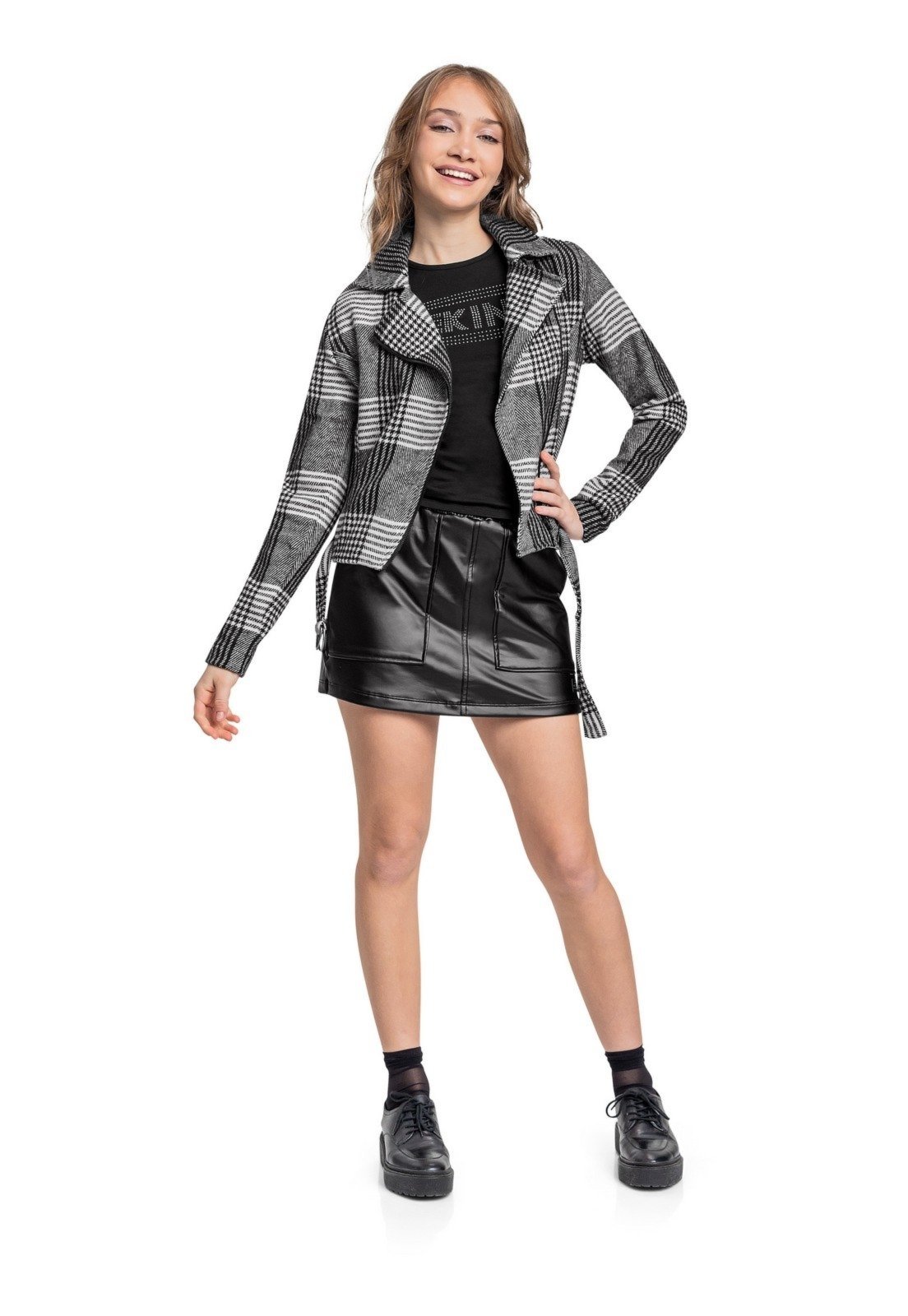 Infantil - Jaqueta Biker Juvenil em Tecido Alfaiataria Gloss Preto